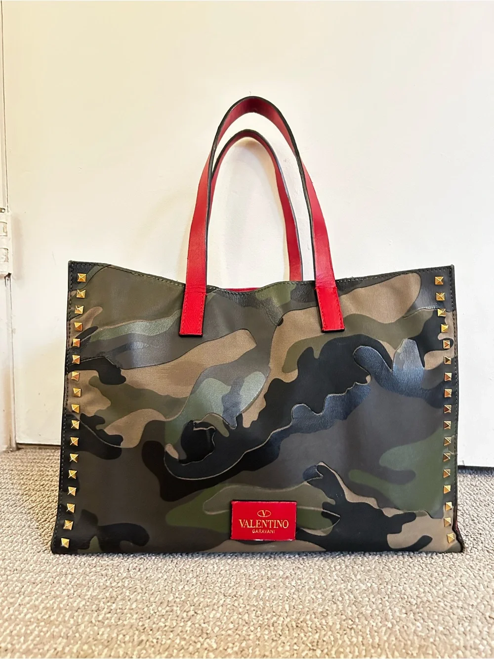 Valentino Garavani Rockstud Camouflage Tote with Red Handles and Gold Studs